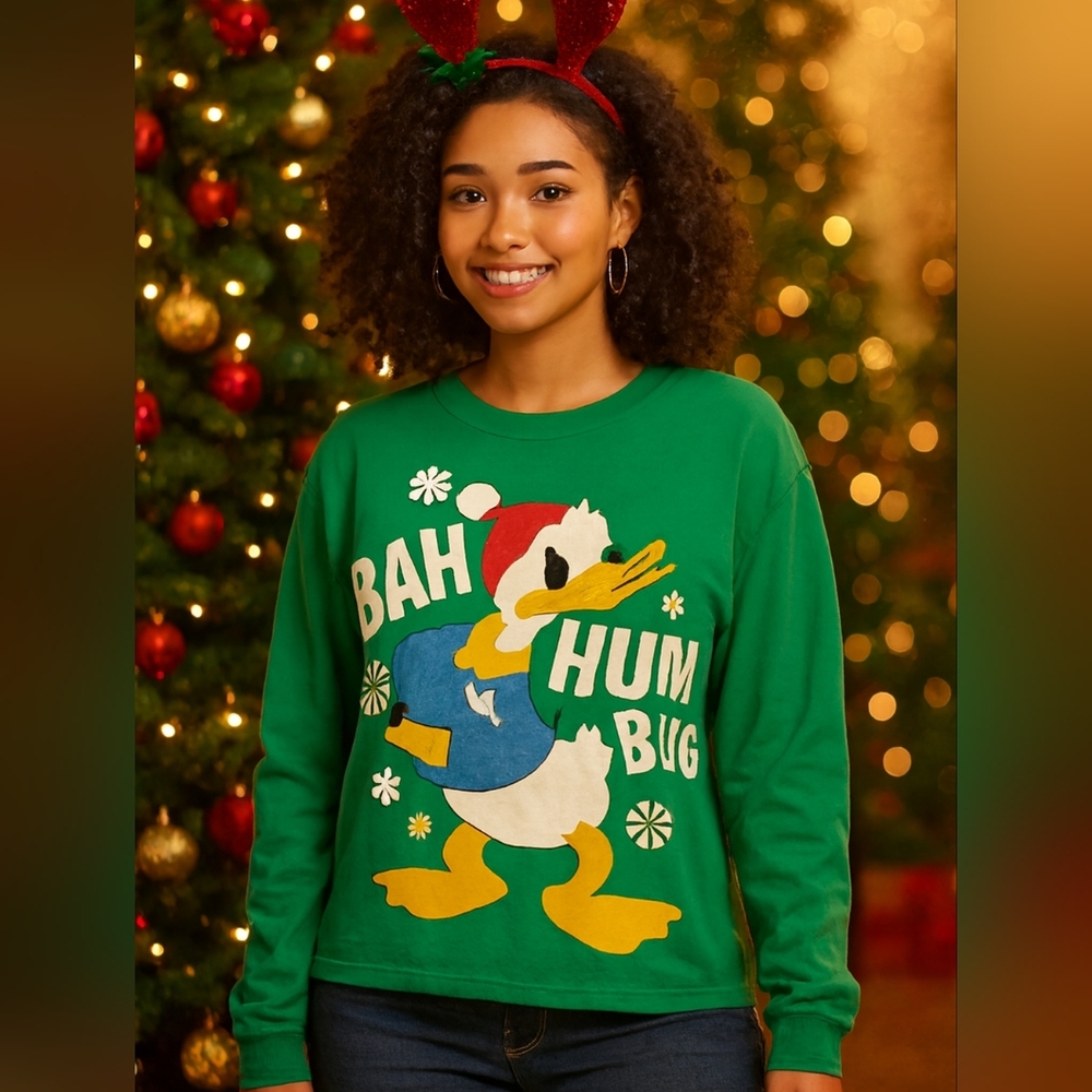 Disney Store Donald Duck Bah Hum Bug green long sleeve Shirt Plus size 2…